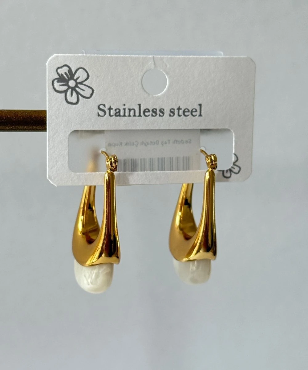 Çelik Sedef Taşlı Oval Küpe