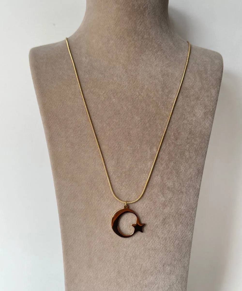 Çelik Ay Yıldız 60Cm Gold Kolye