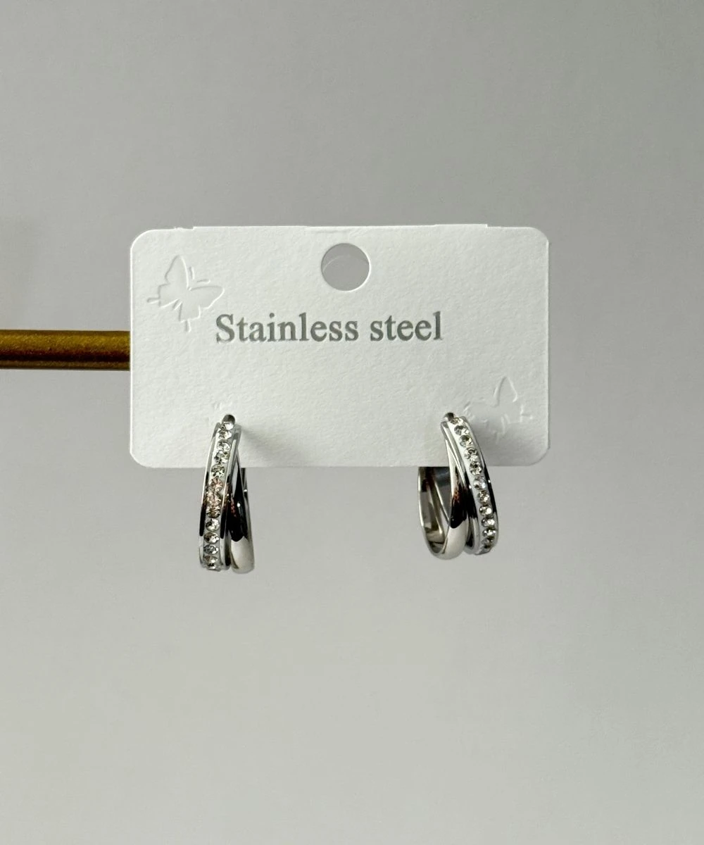 Çelik 2'Li Taşlı İç İçe Halka Silver Küpe