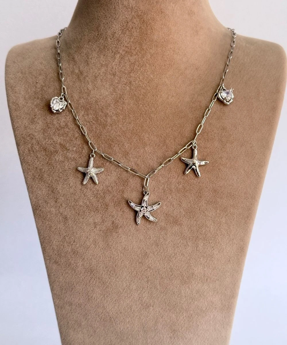 Çelik  Taşlı Kalp 3'Lü Deniz Yıldızı Kolye