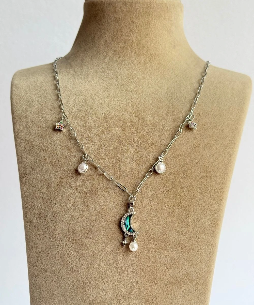 Çelik  Yıldız İncili Yeşil Hilal Kolye