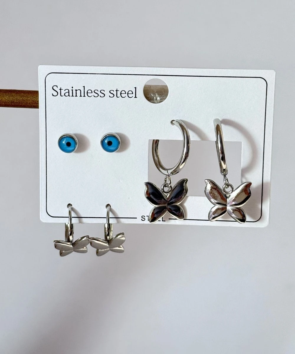 Çelik 6'Lı Nazarlıklı Kelebek  Küpe