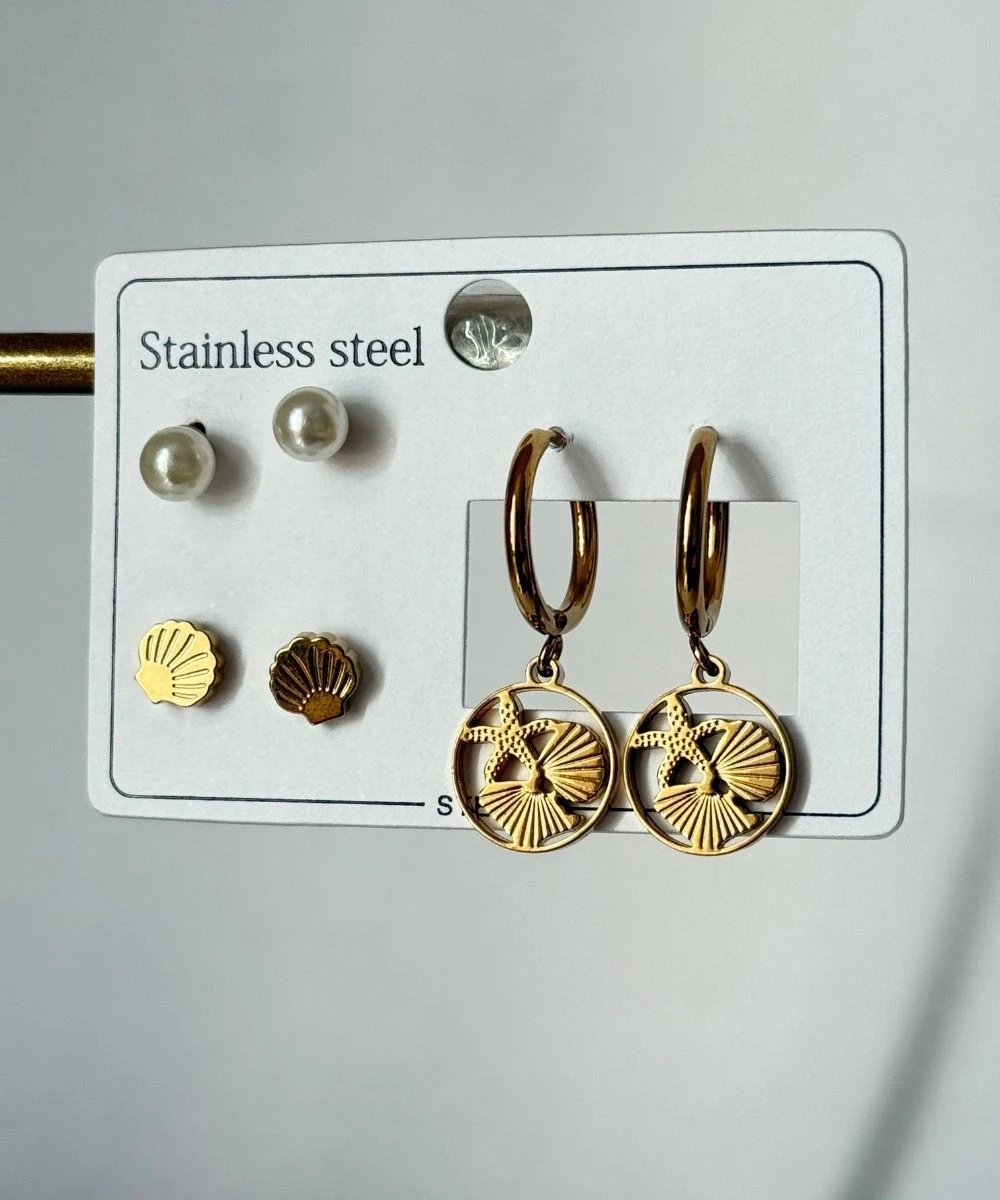 Çelik 6'Lı İnci Deniz Yıldızı Küpe