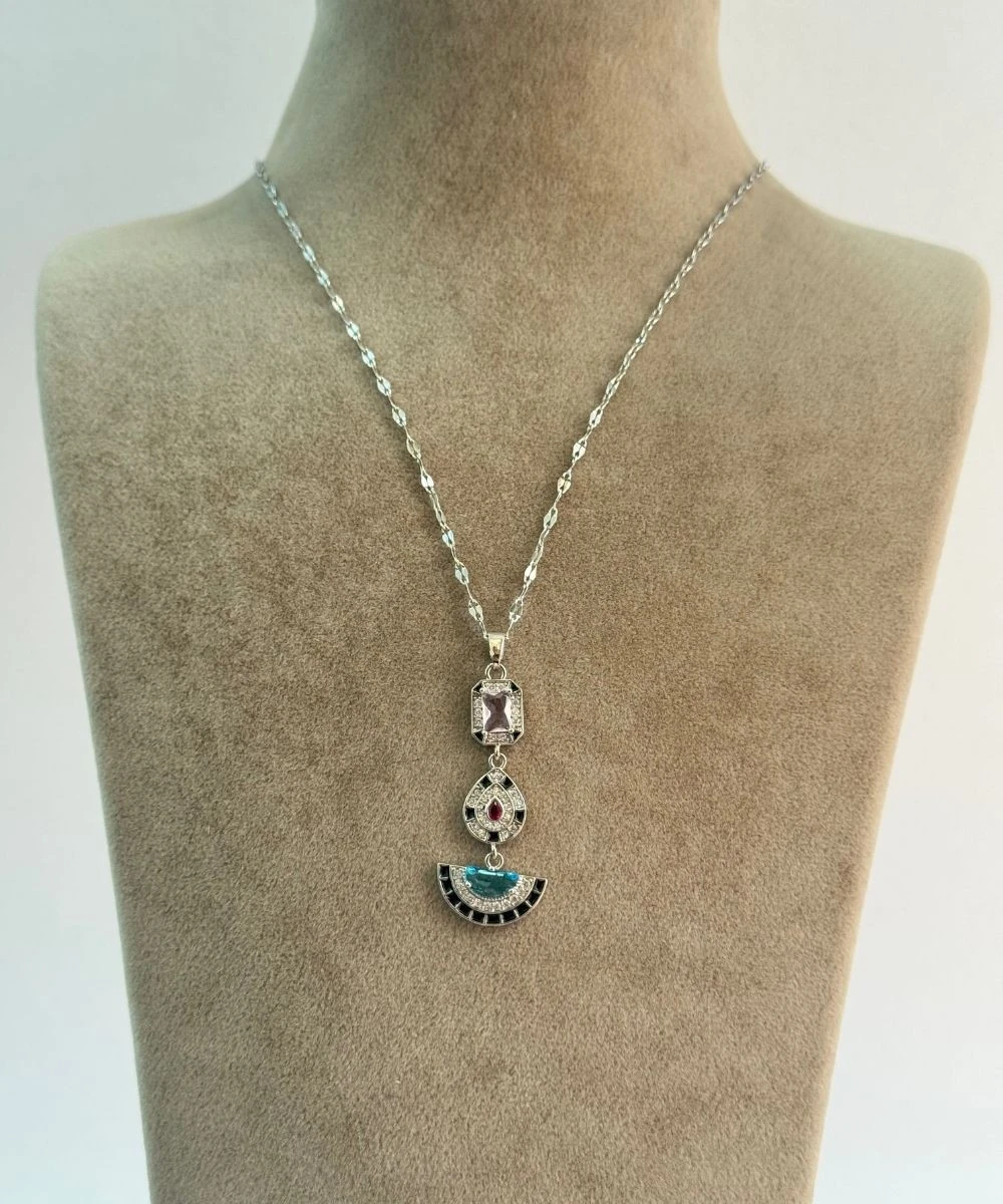 Çelik  Baget Taşlı Yeşil Yelpaze Silver Y Kolye