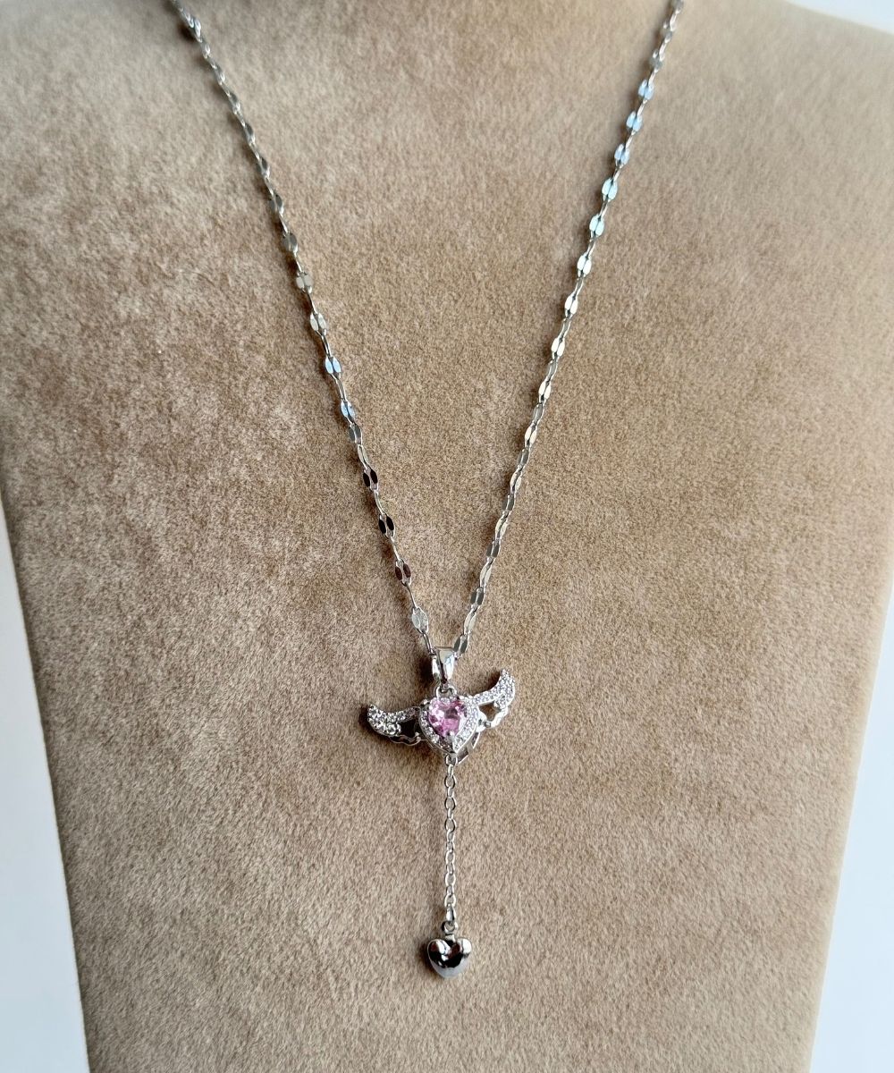 Çelik  Pembe Kalp Kanatlı Kolye