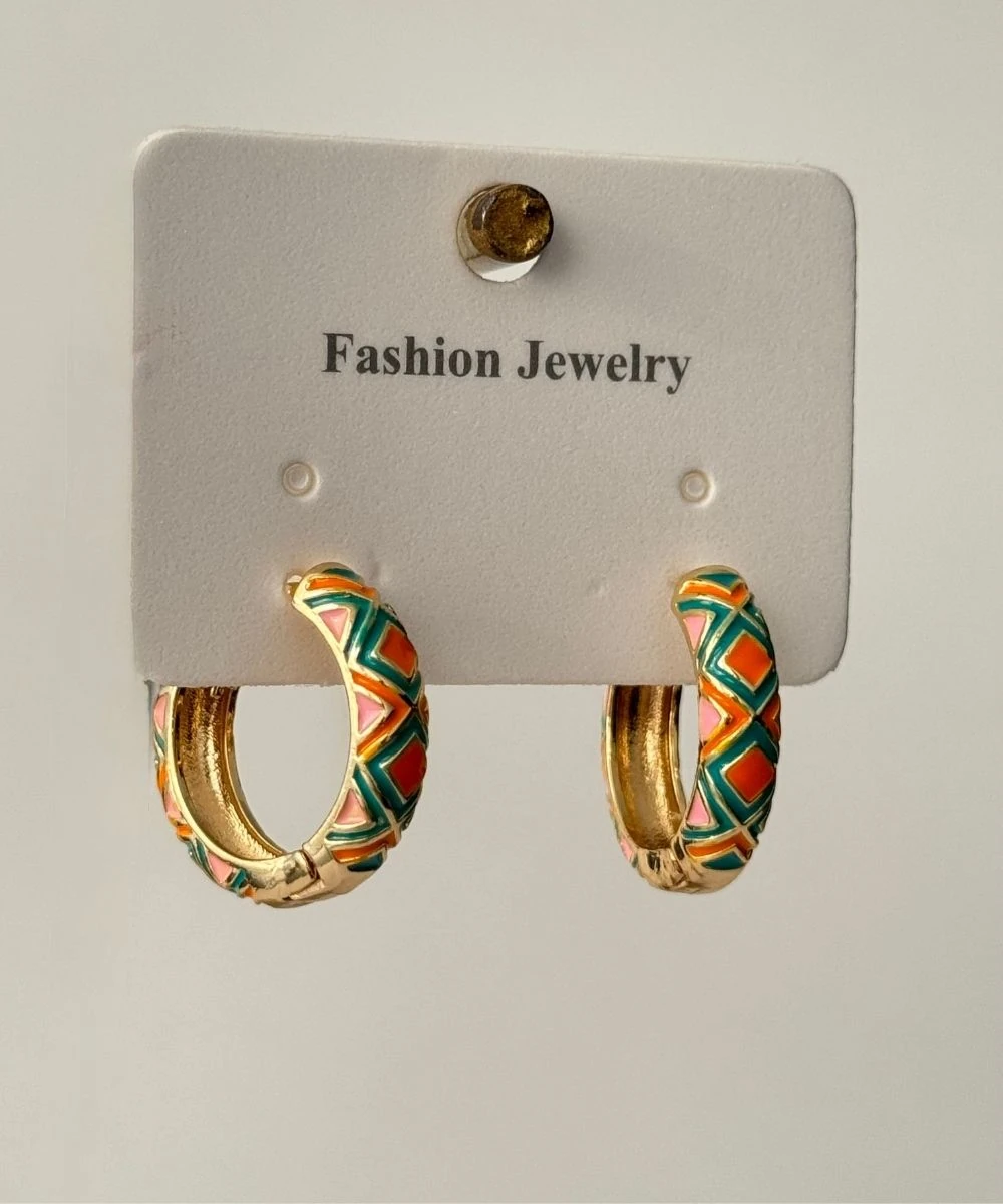 Bijuteri Turuncu Yeşil Mineli Halka Küpe