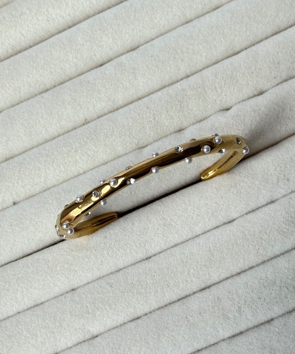 Çelik Minimal İnci Taşlı Kelepçe