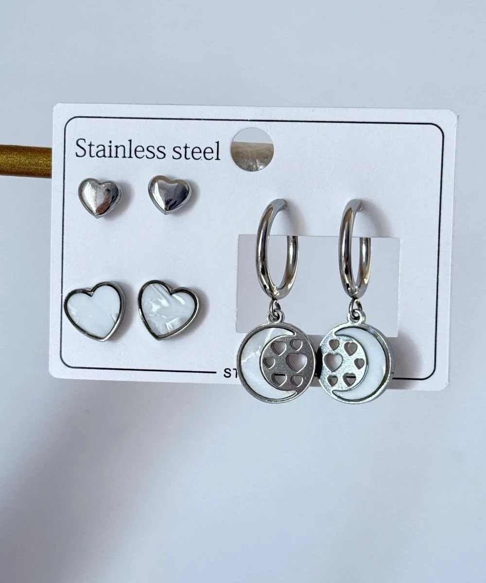 Çelik 6'Lı Sedef Kalp Ay Yıldız Küpe