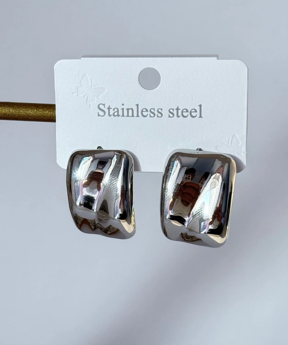 Çelik 2'Li Sade Kare Silver Küpe