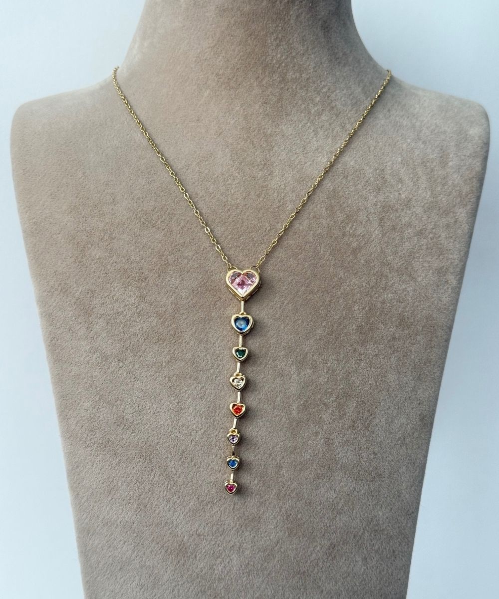 Çelik Renkli Taşlı Kalp Y Kolye