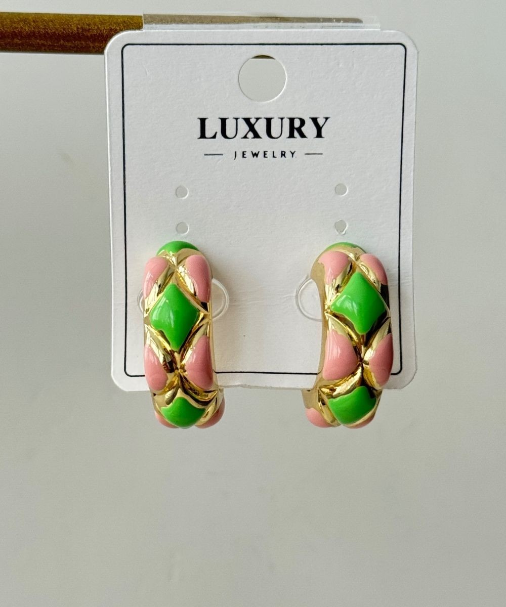 Luxury Pembe Yeşil Bombe Küpe