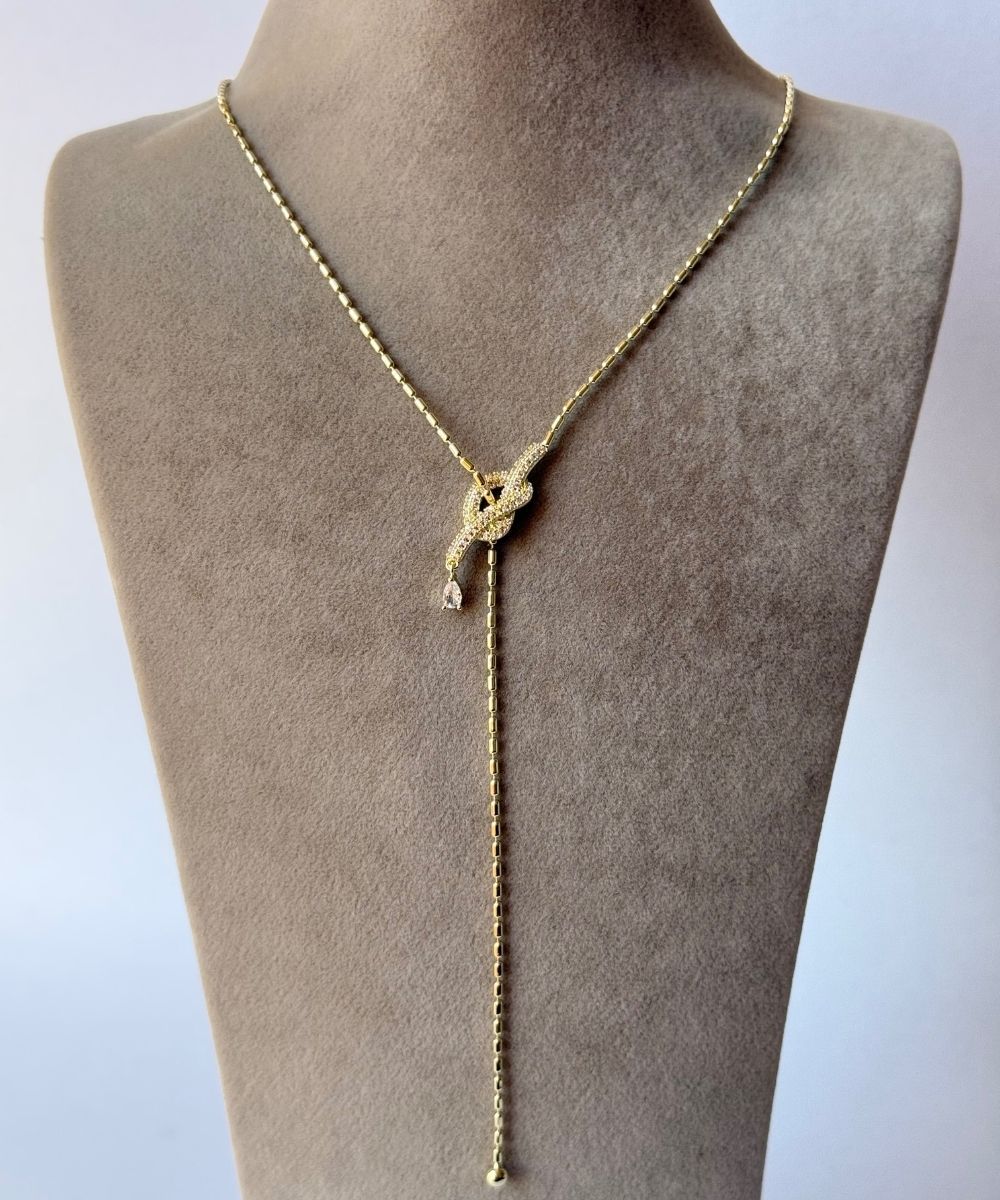 Vıp Taşlı Y Düğüm Gold Kolye