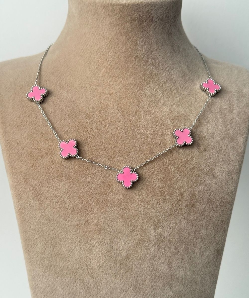 Çelik Açık Pembe Silver Yonca Kolye