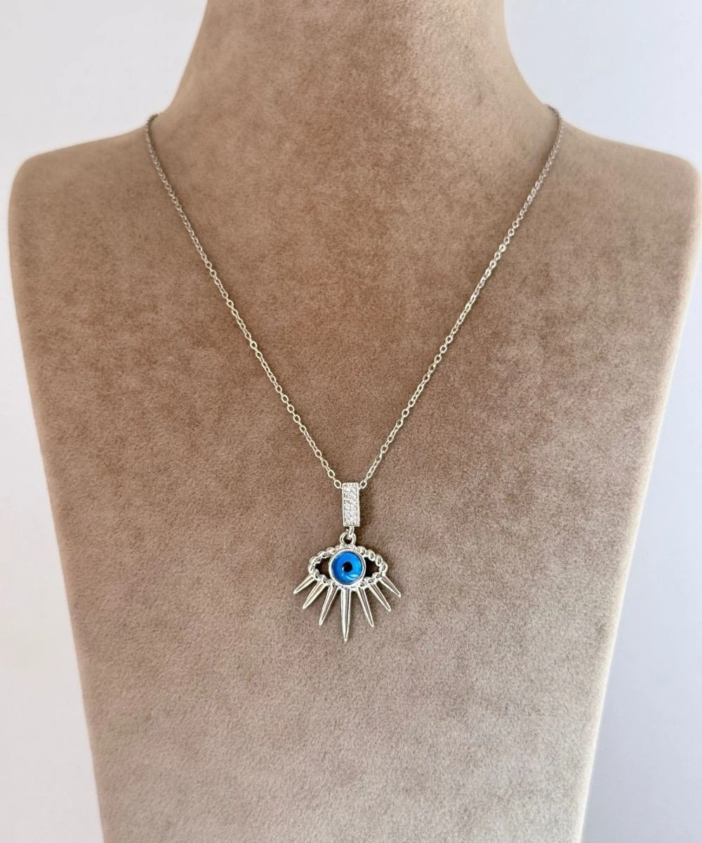 Çelik  Taşlı Mavi Göz Kolye