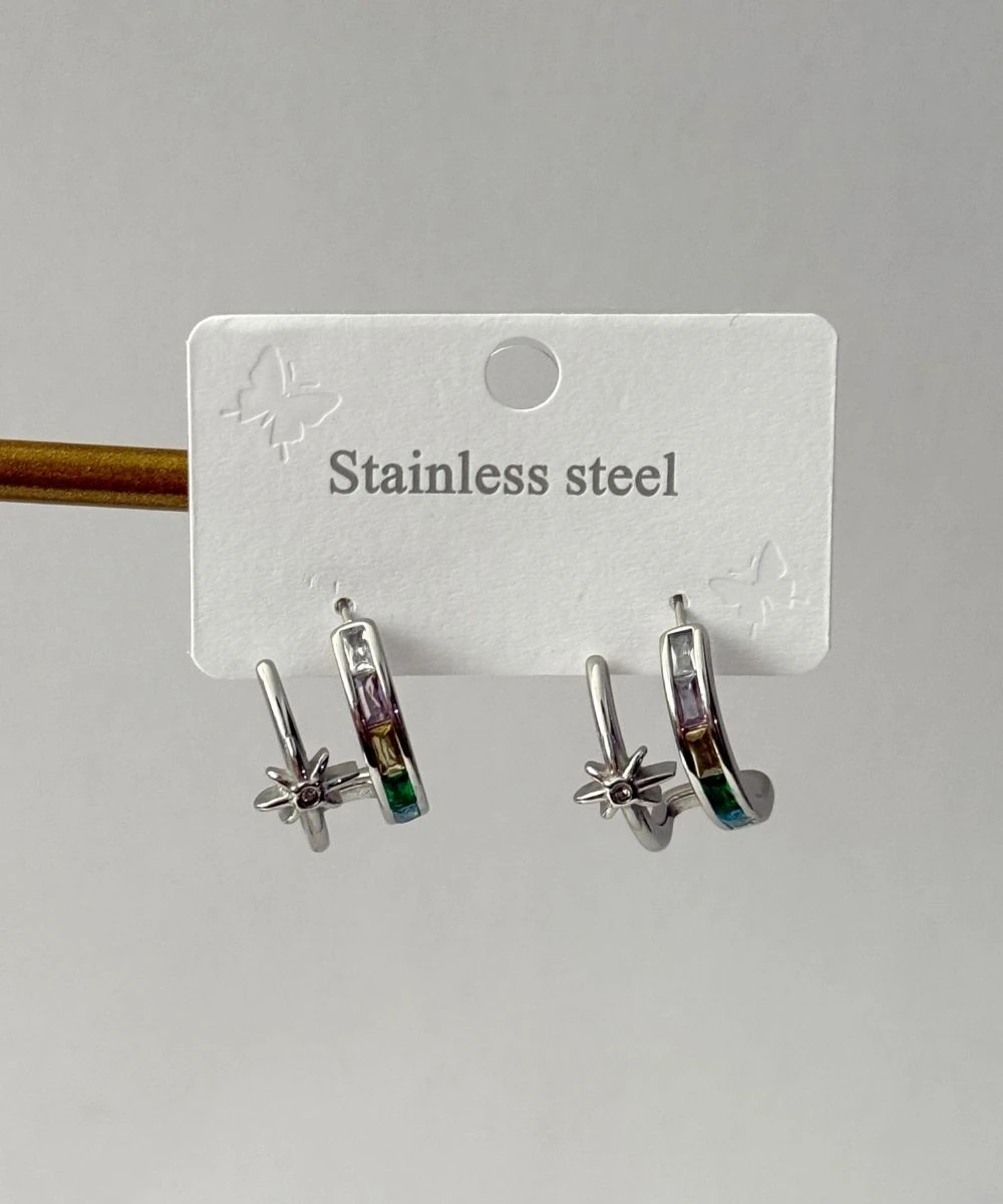 Çelik 2'Li Renkli Halka Çiçek Silver Küpe