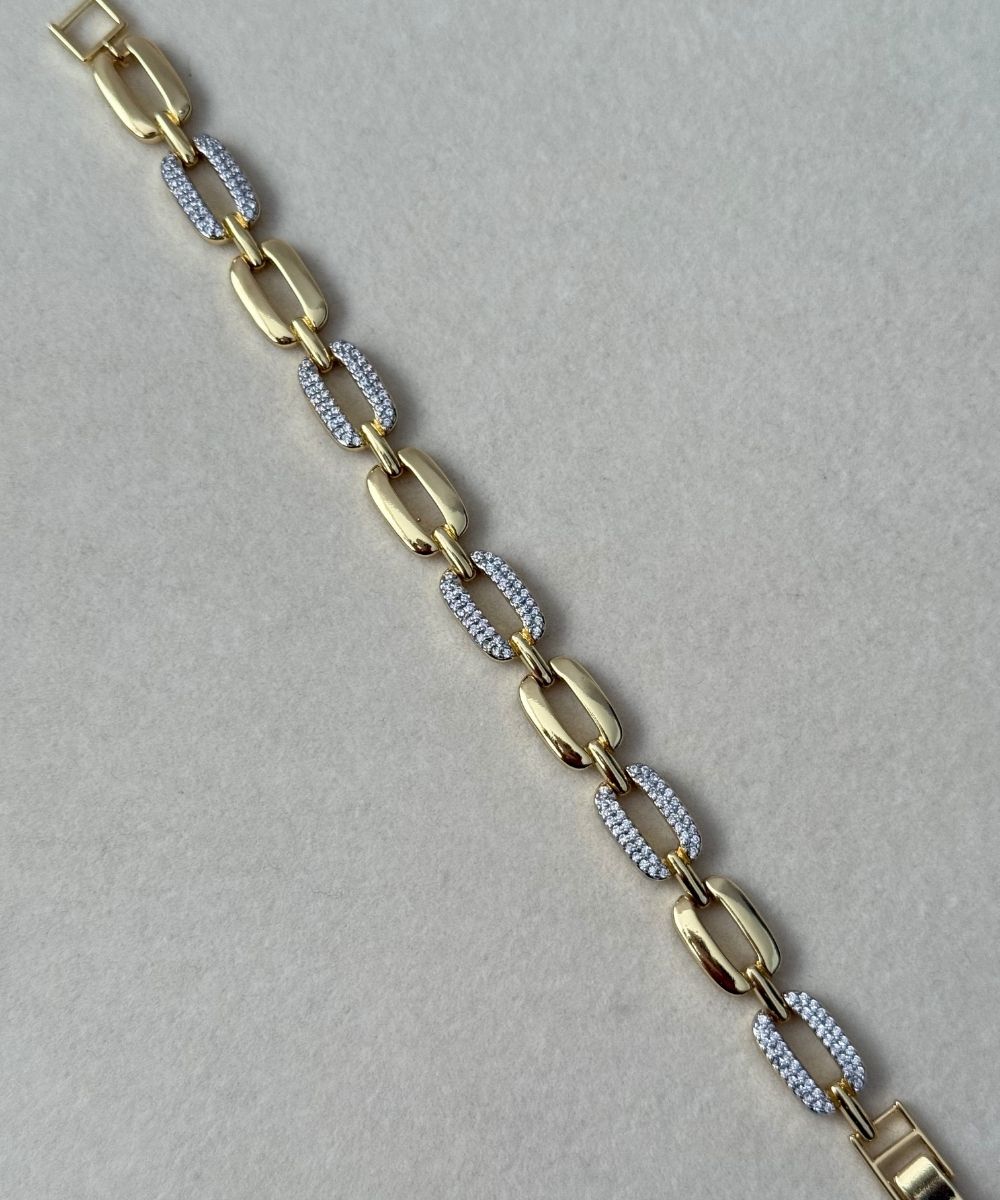 Zirkon Dikdörgen Sıralı Taşlı Gold Bileklik