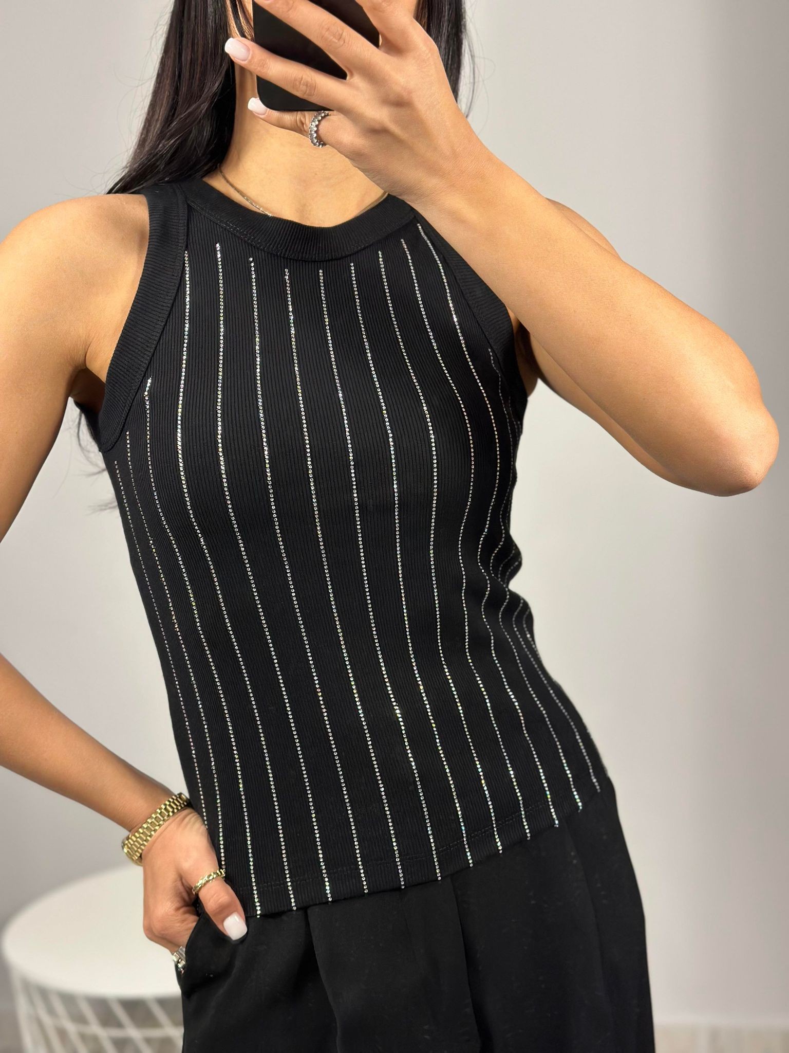 Halter Yaka Taşlı Atlet - Siyah