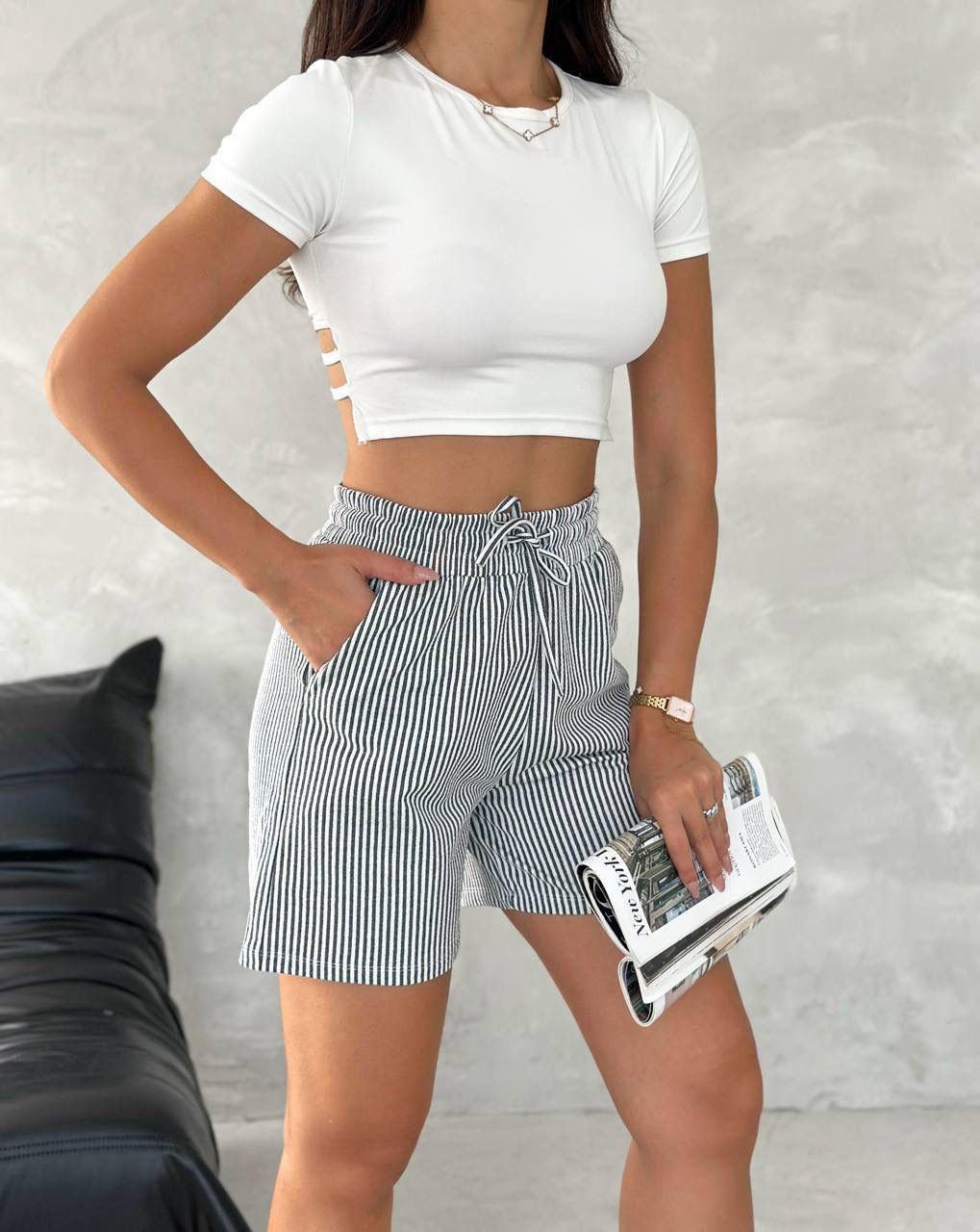 Çizgili Şort - Siyah