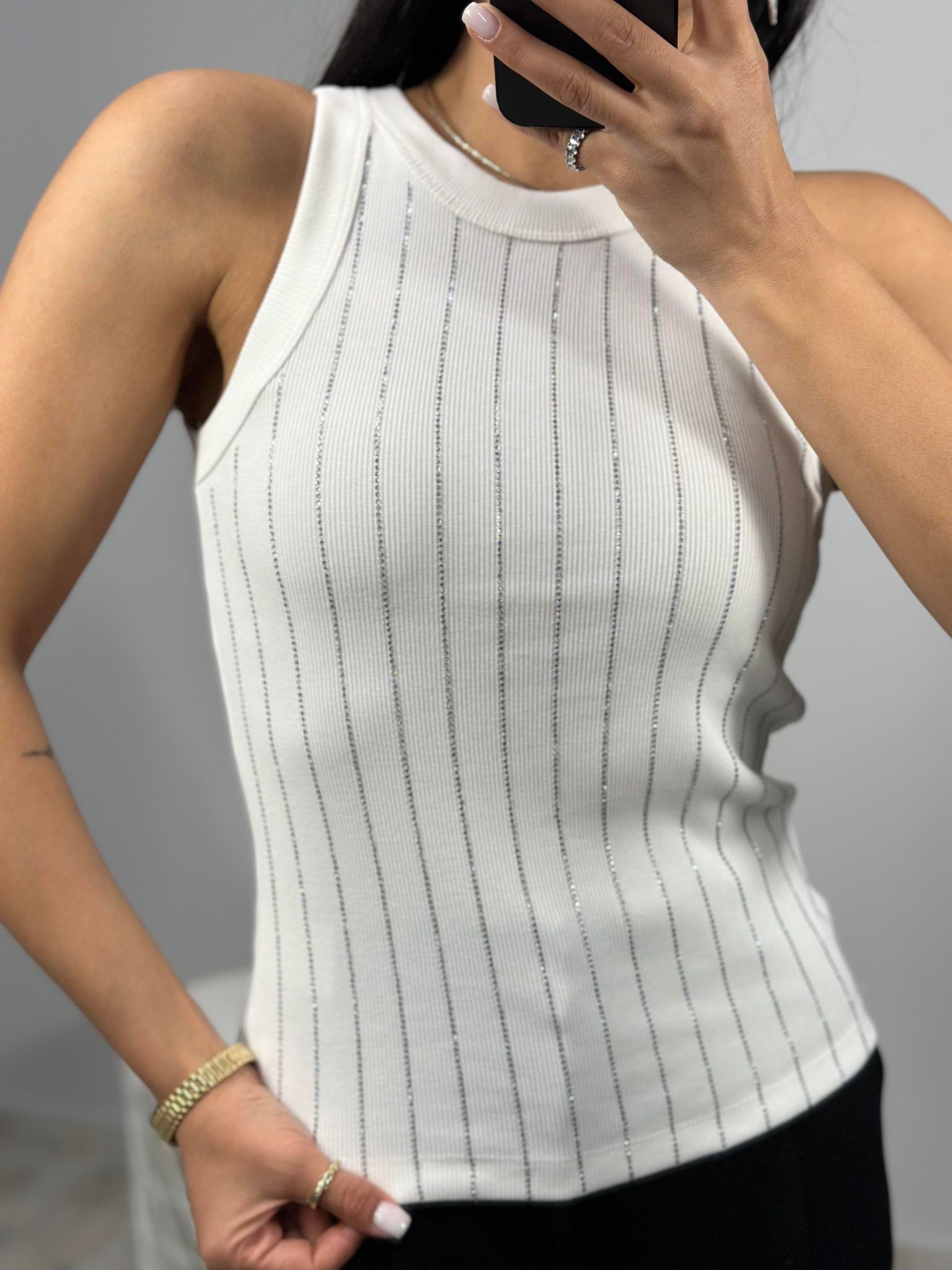 Halter Yaka Taşlı Atlet - Beyaz