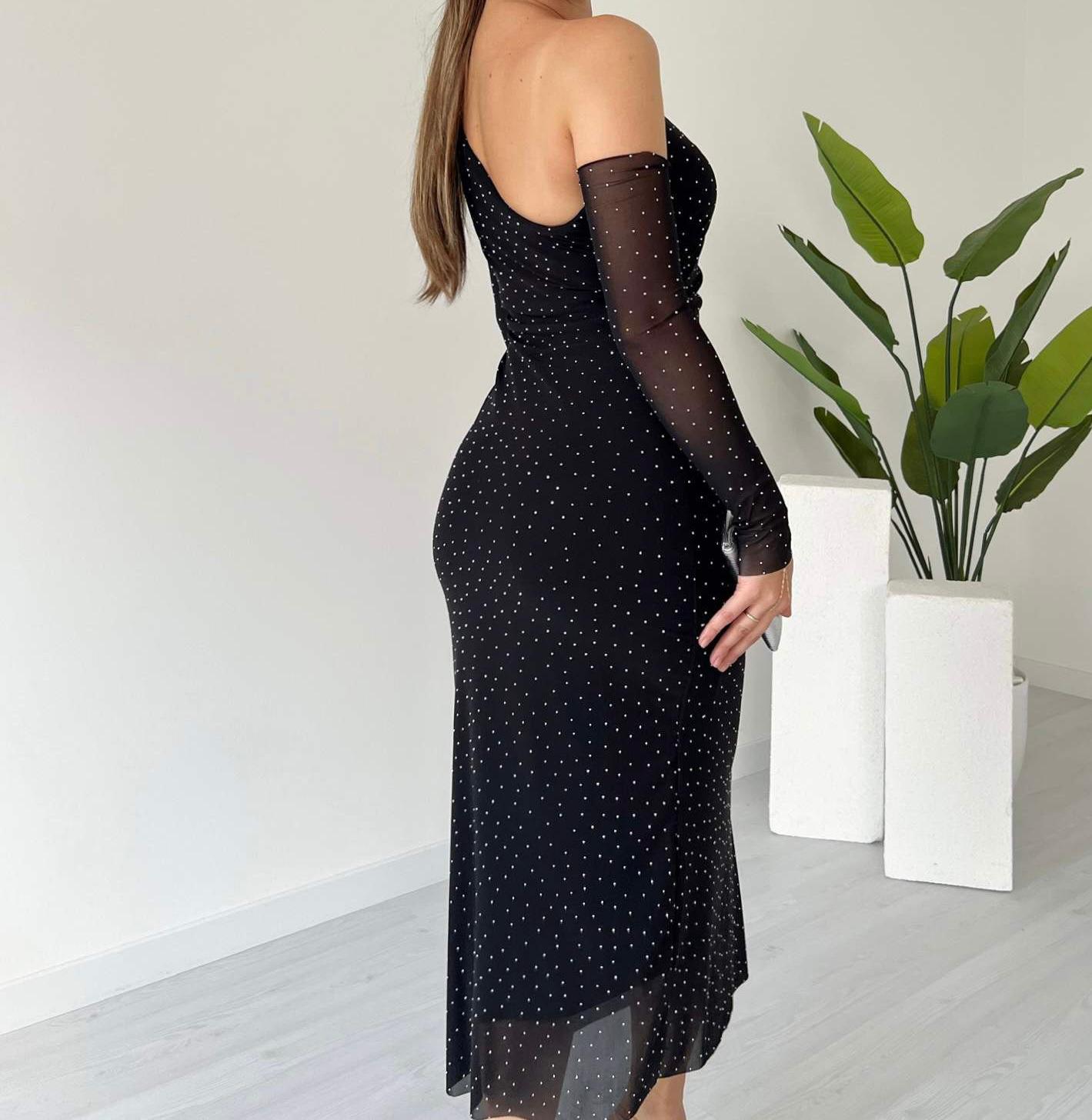 Taş Detaylı Tek Omuz Tül Elbise