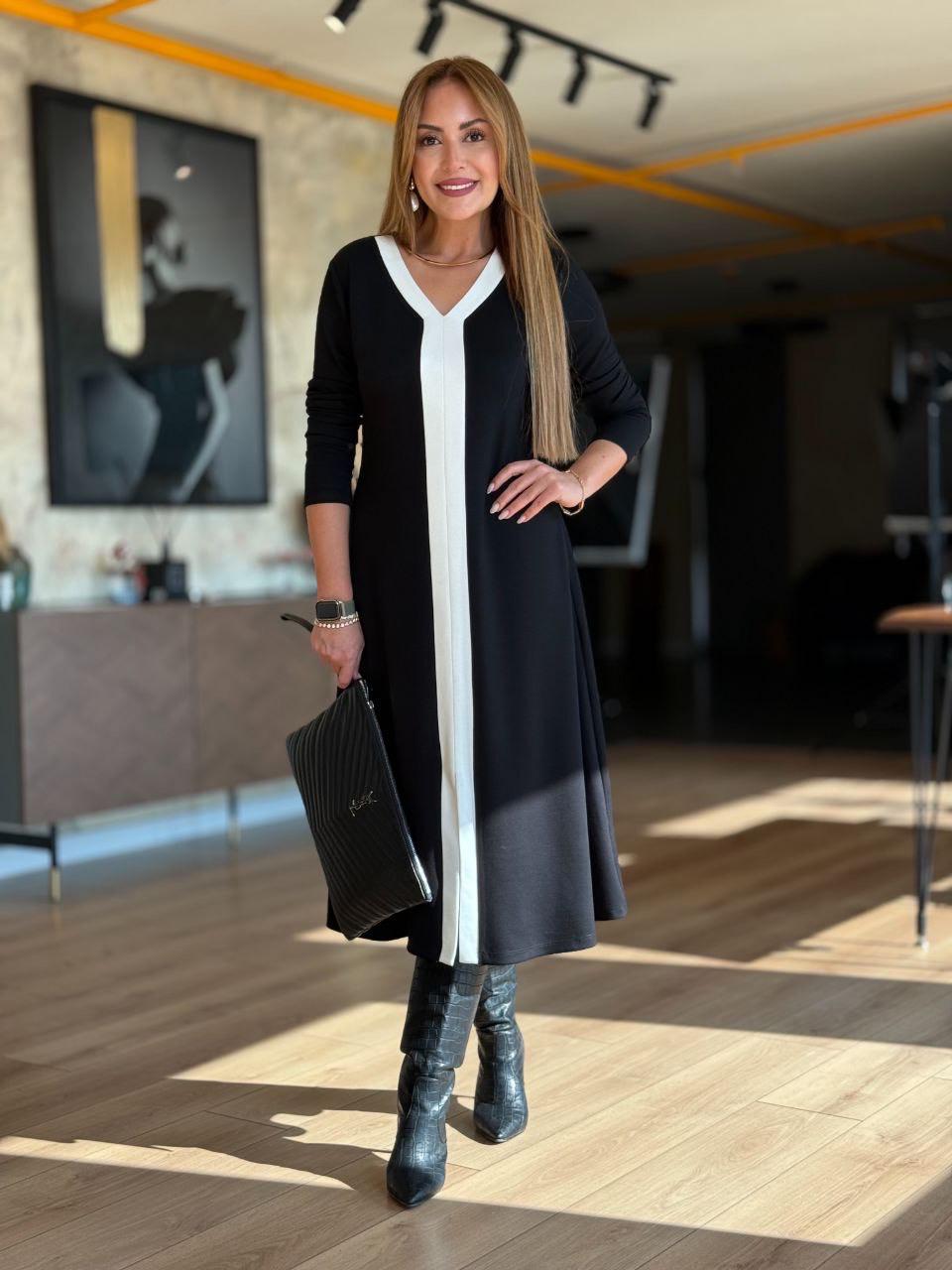 V Yaka Garnili Tam Boy Elbise