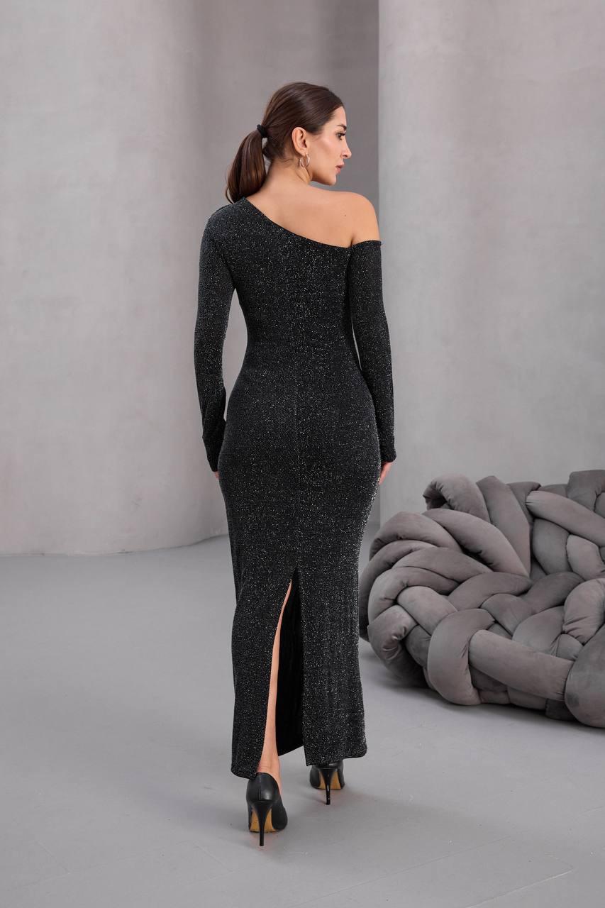 Düşük Omuz Simli Elbise