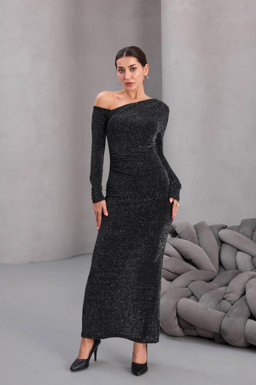 Düşük Omuz Simli Elbise