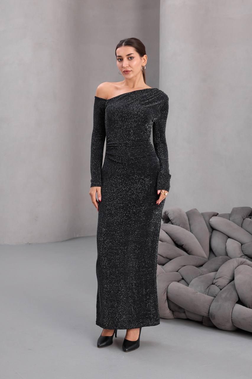 Düşük Omuz Simli Elbise