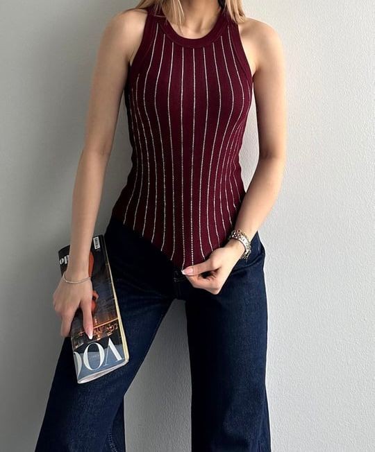 Halter Yaka Taşlı Atlet - Bordo