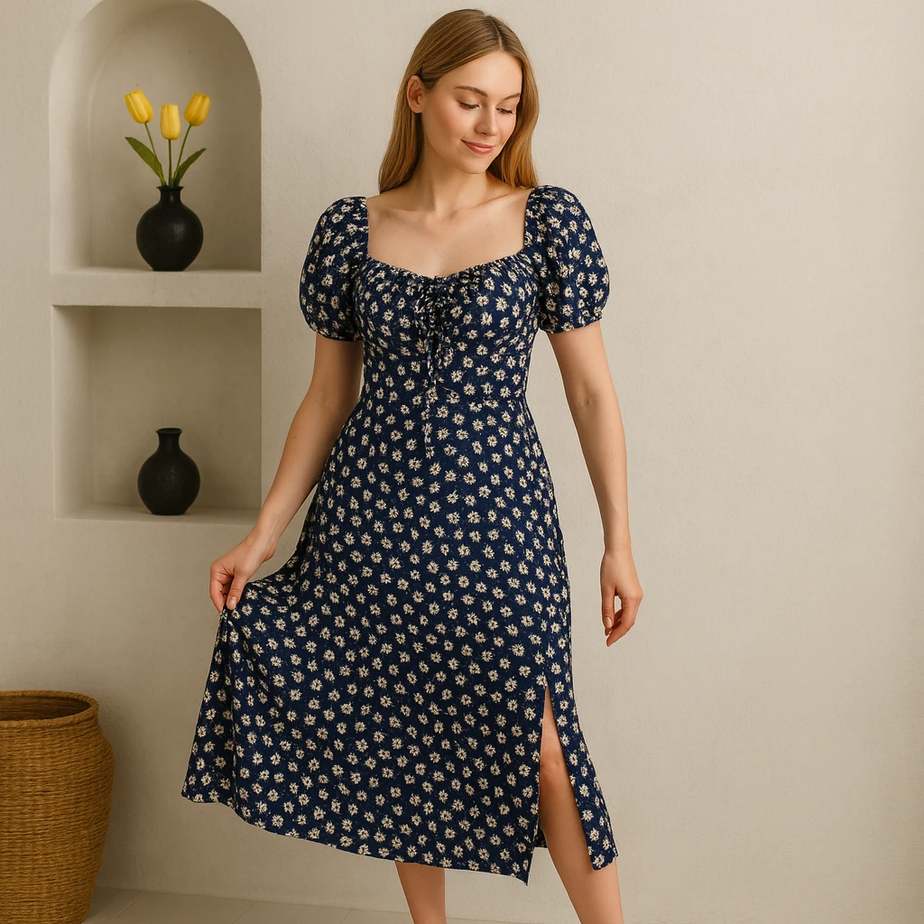 Kısa Kollu Çiçek Detaylı Bürümcük Elbise - Lacivert