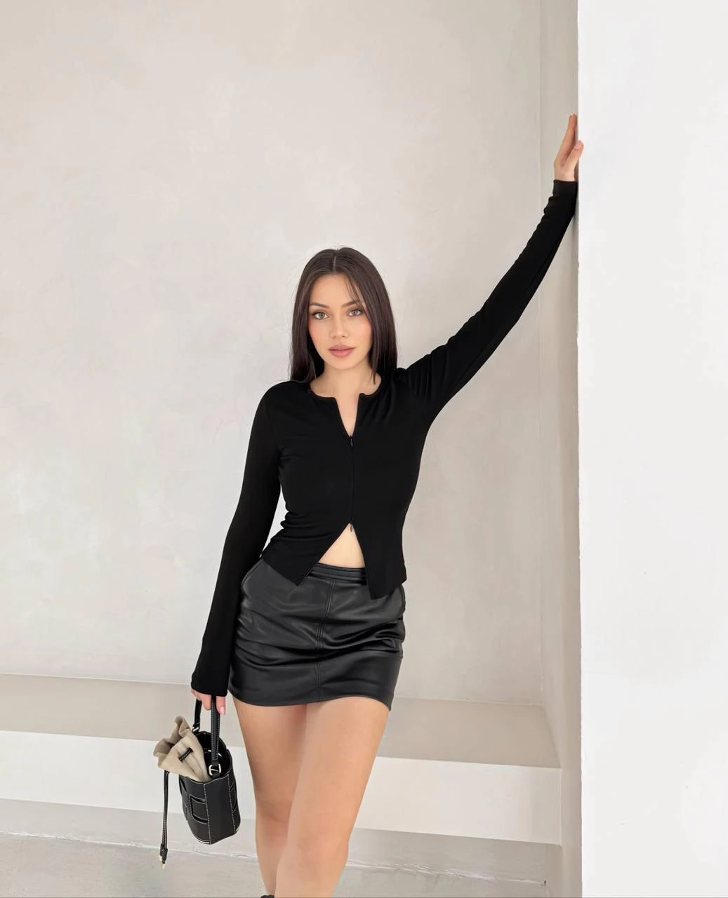 Çift Fermuarlı Bluz  - Siyah