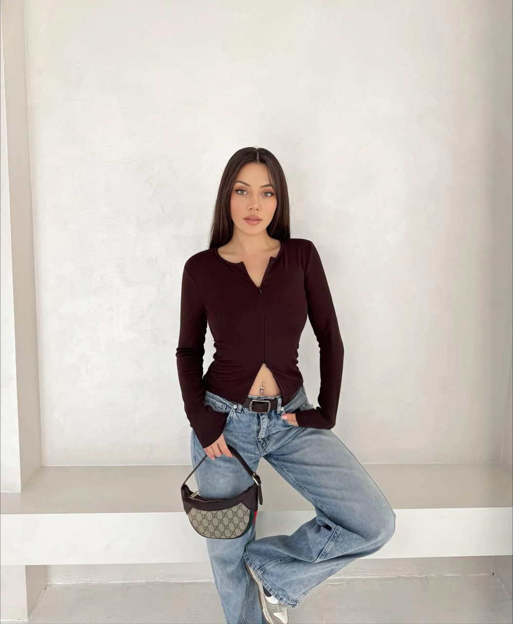 Çift Fermuarlı Bluz  - Kahverengi