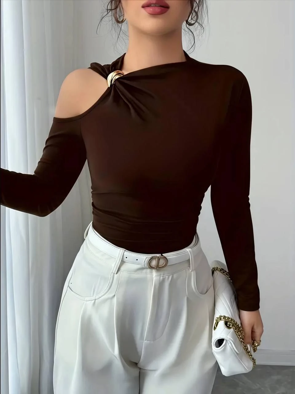 Omuz Tokalı Bluz - Kahverengi