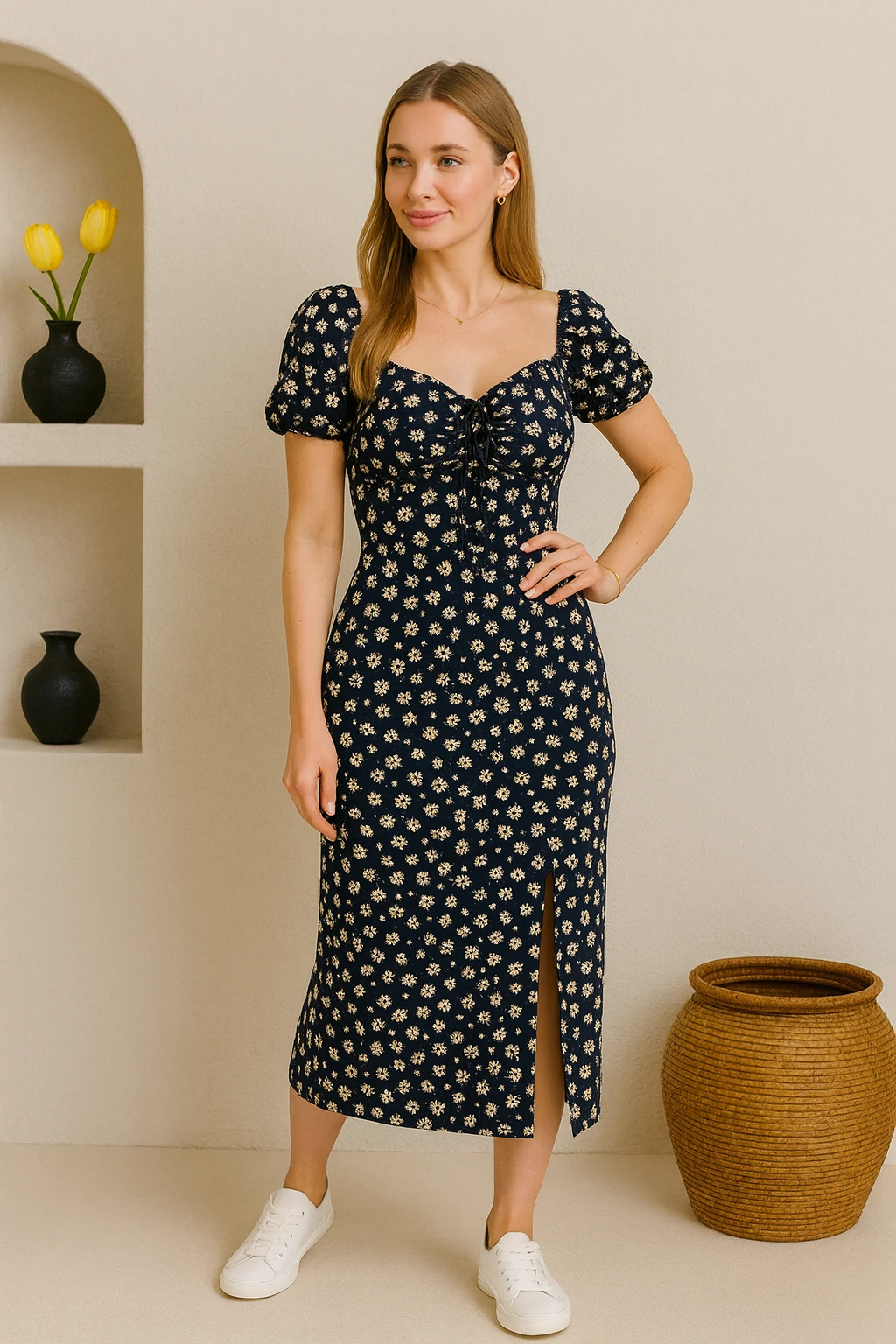 Kısa Kollu Çiçek Detaylı Bürümcük Elbise