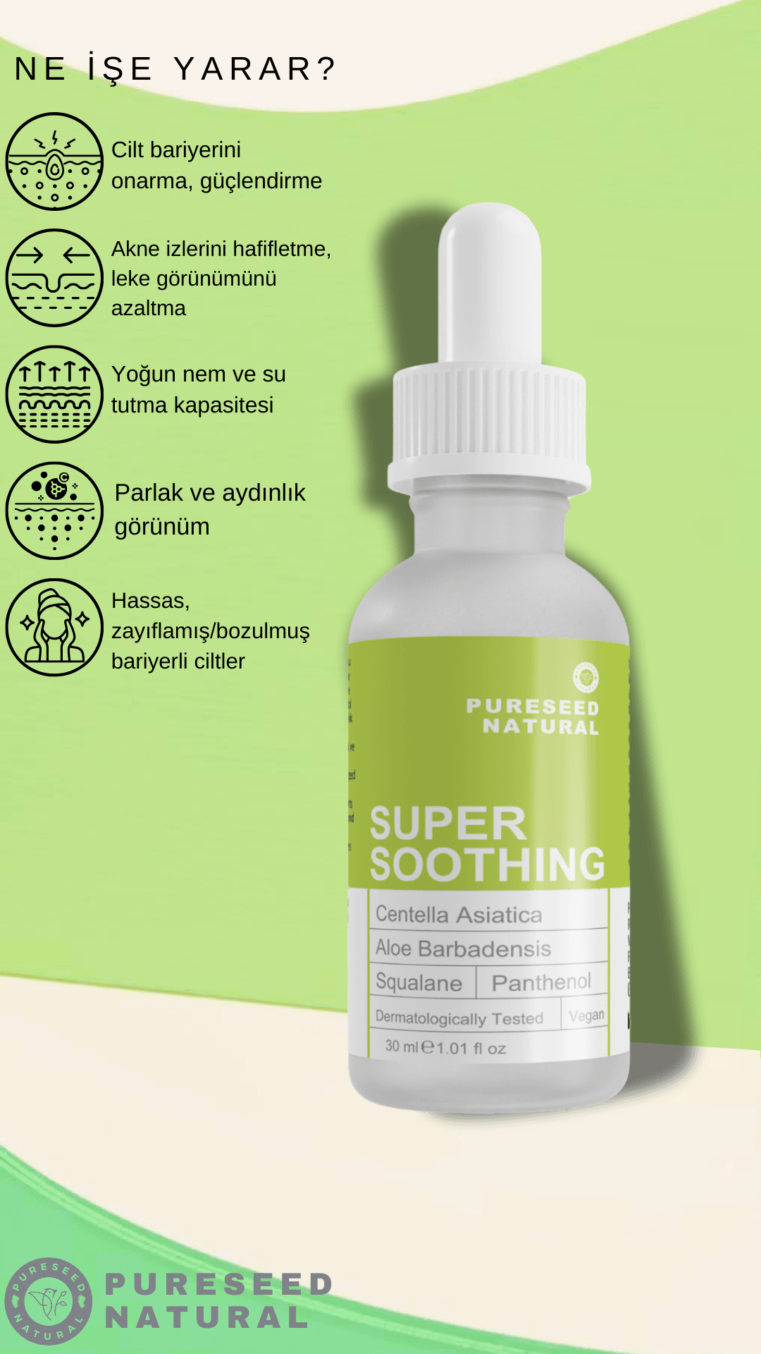 Pureseed Natural Super Soothing Hassas Ciltler İçin Bariyer Onarıcı Cica Serum 30 ml