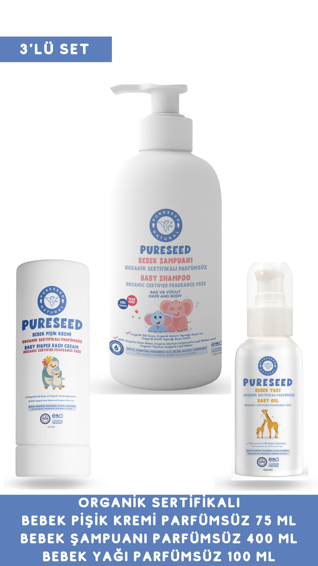 Pureseed Natural Organik Sertifikalı Bebek Şampuanı Parfümsüz 400 ML & Organik Sertifikalı Bebek Pişik Kremi 75 ML & Organik Sertifikalı Bebek Yağı 100 ML - 3'LÜ SET