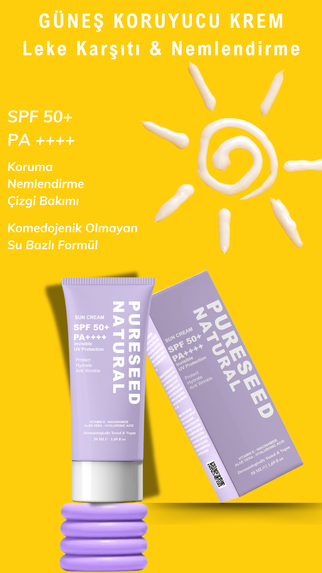 Pureseed Natural Güneş Koruyucu Krem - Spf 50+ Pa++++ Hafif Dokulu Su Bazlı 50 ml