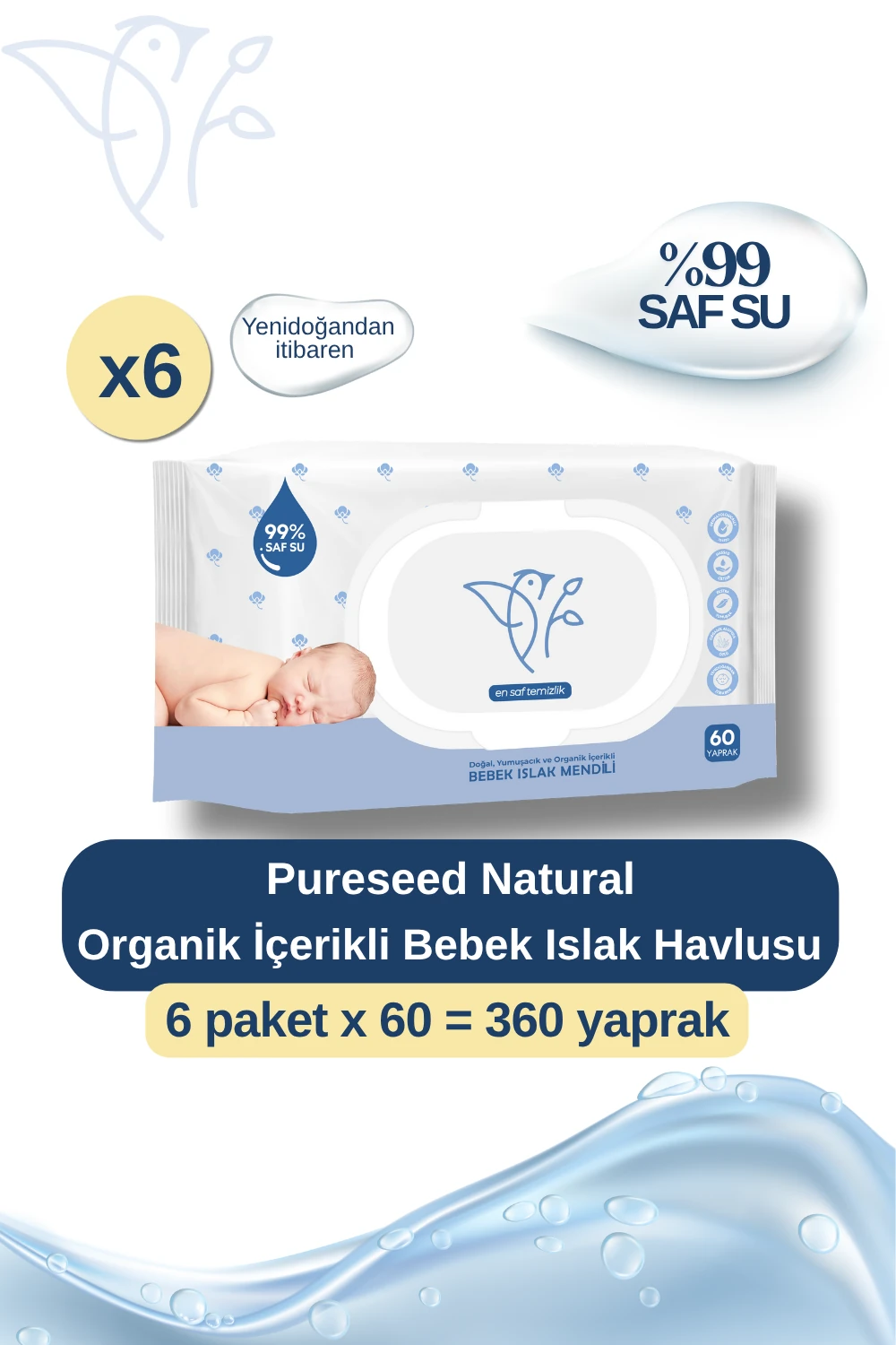 Pureseed Natural Organik İçerikli %99 Saf Su Bebek Islak Havlusu 6x60