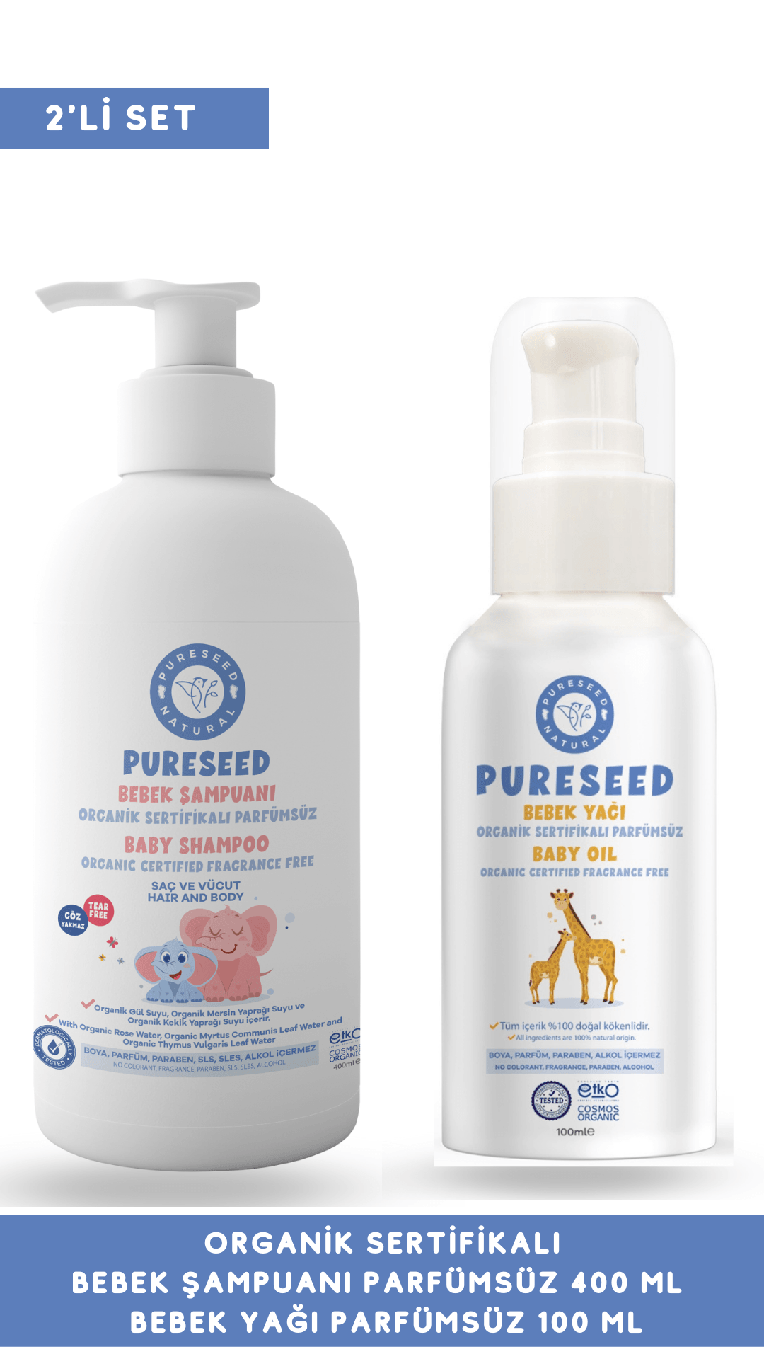 Pureseed Natural Organik Sertifikalı Bebek Şampuanı Parfümsüz 400 ML & Organik Sertifikalı Bebek Yağı Parfümsüz 100 ML - 2'Lİ SET