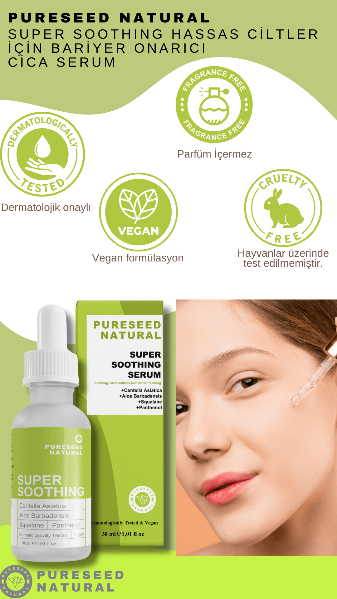 Pureseed Natural Super Soothing Hassas Ciltler İçin Bariyer Onarıcı Cica Serum 30 ml