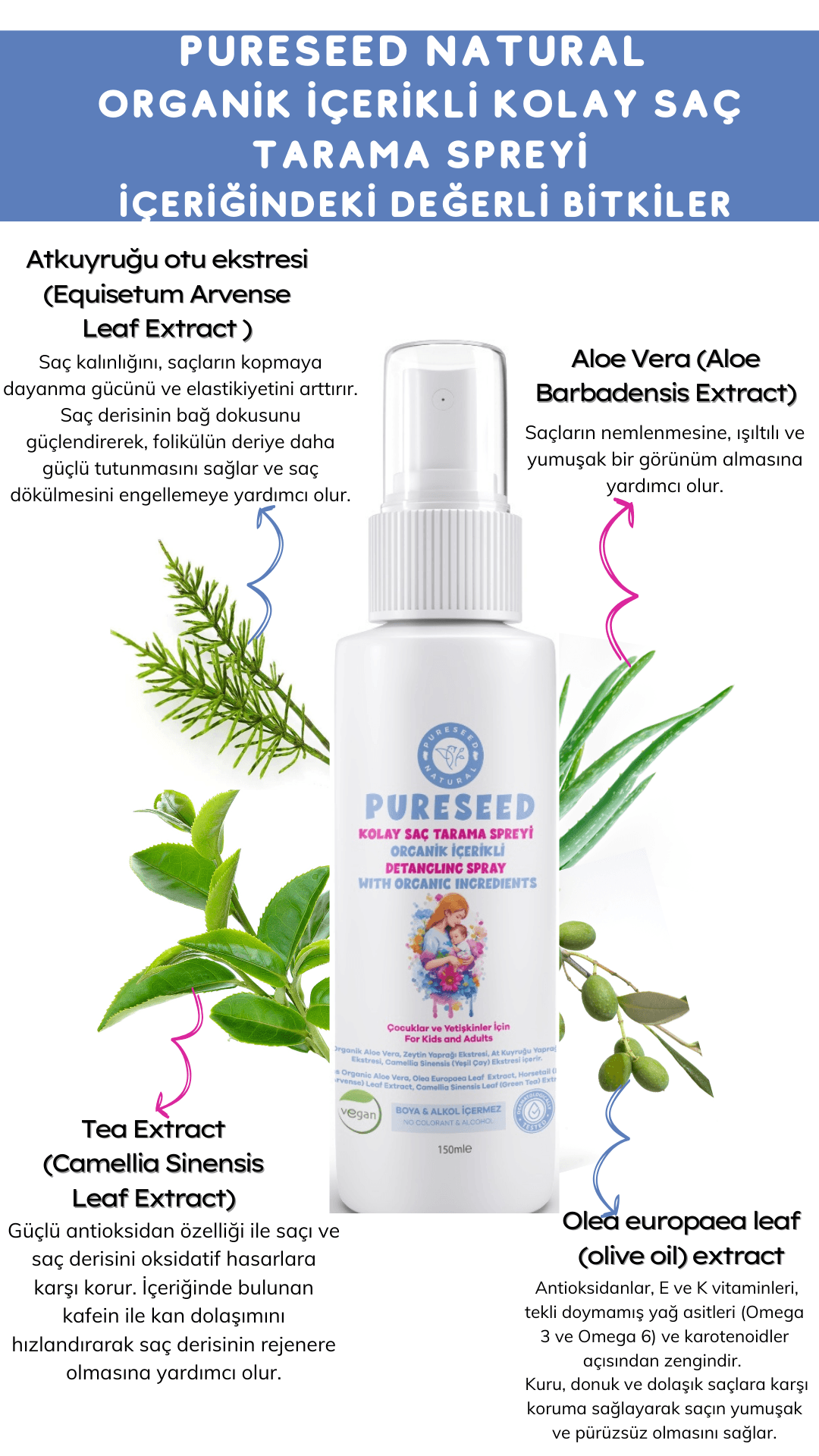 Pureseed Natural Organik İçerikli Kolay Saç Tarama Spreyi - 150 ML 