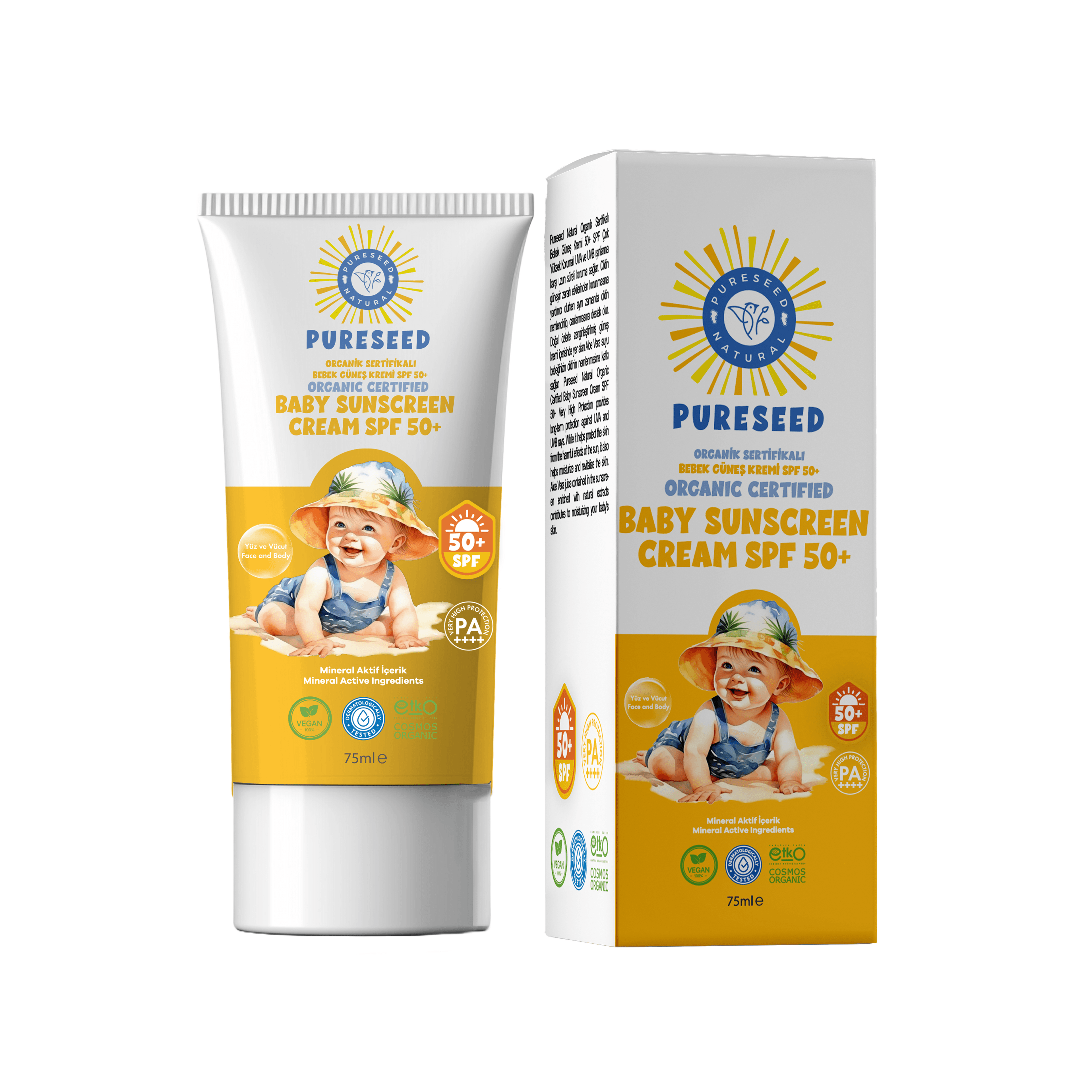 Pureseed Natural Organik Sertifikalı Bebek Güneş Kremi 75ML Spf 50+ Pa++++  PARFÜMSÜZ - Çok Yüksek Koruma