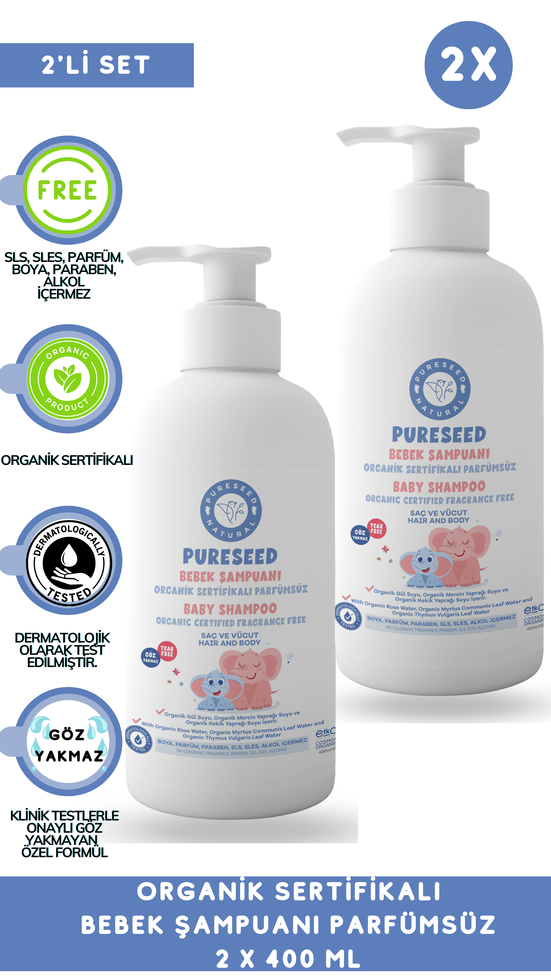 Pureseed Natural Organik Sertifikalı Bebek Şampuanı - Parfümsüz 2x400 ML - 2'Lİ SET