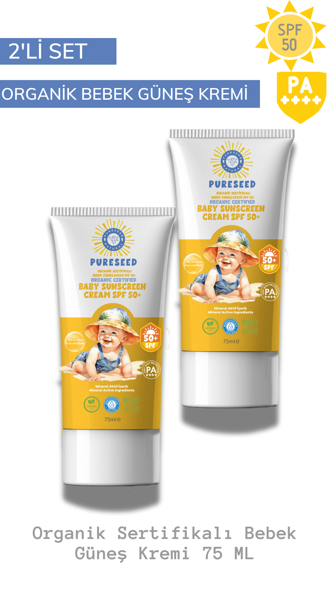 2'Lİ SET - ORGANİK SERTİFİKALI BEBEK GÜNEŞ KREMİ SPF50+ 75ML X 2