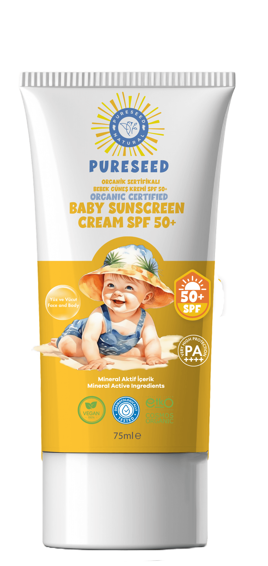 Pureseed Natural Organik Sertifikalı Bebek Güneş Kremi 75ML Spf 50+ Pa++++  PARFÜMSÜZ - Çok Yüksek Koruma