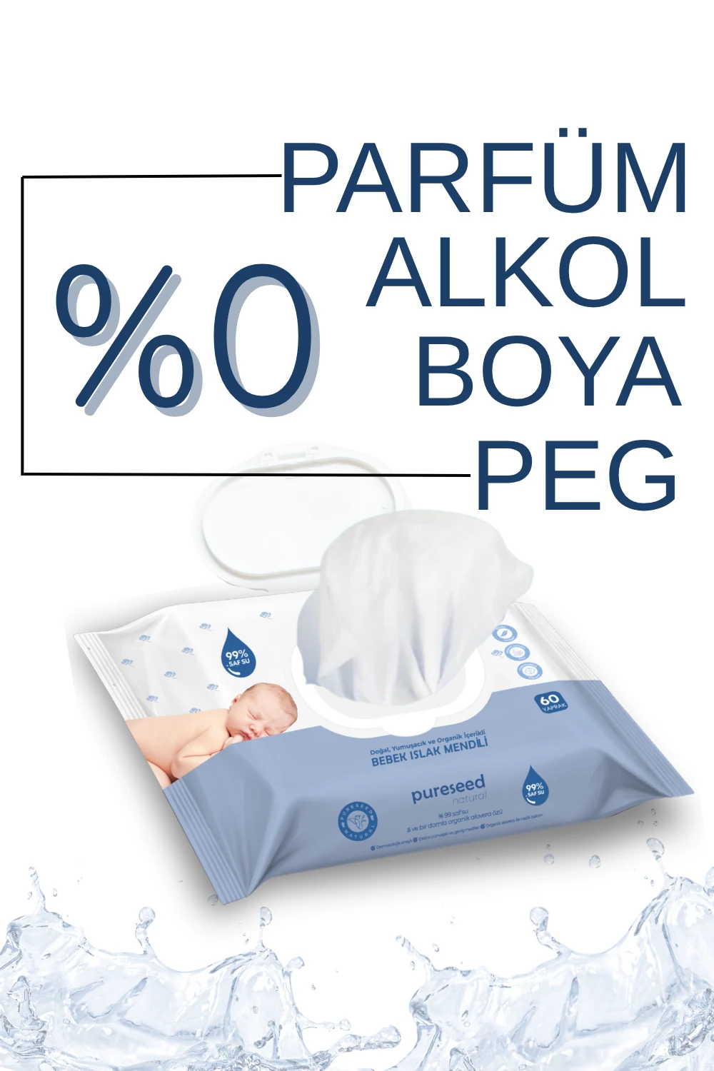 Pureseed Natural Organik İçerikli %99 Saf Su Bebek Islak Havlusu 12x60