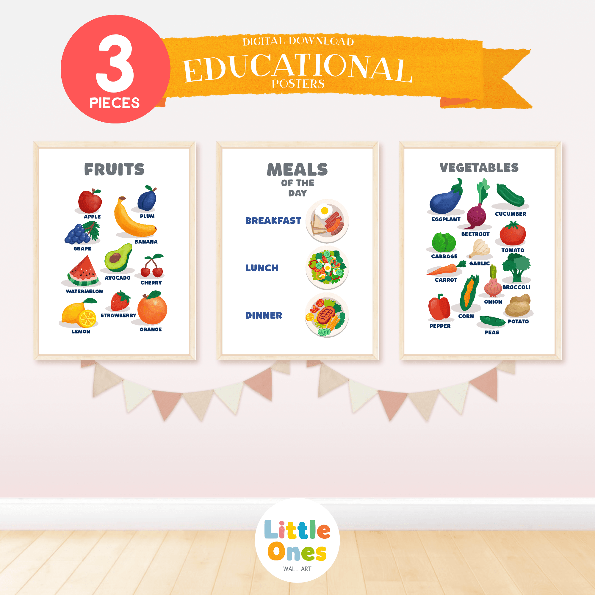 Educational Prints, Set of 3 Montessori Classroom Decor, Fruits Poster, Vegetables Poster, Meals Poster, Learning Bundle, Digital Downloads