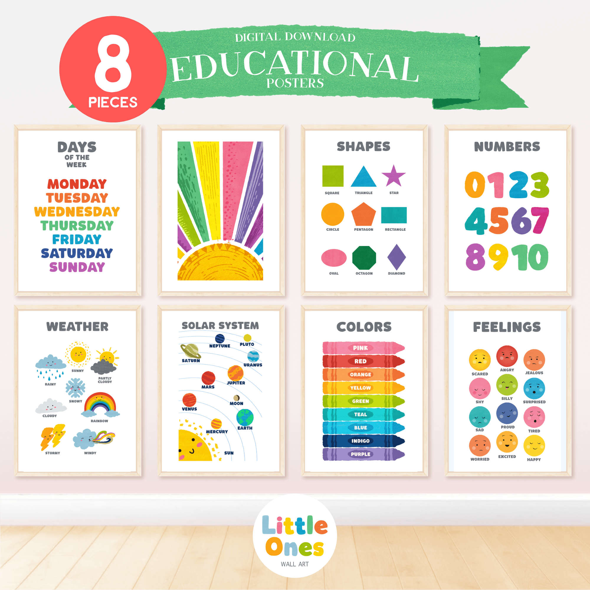 Set of 8 Educational Posters, Homeschool Prints, Montessori Classroom Decor, Kids room Decor, Toddler Playroom Decor, Learning Bundle, png