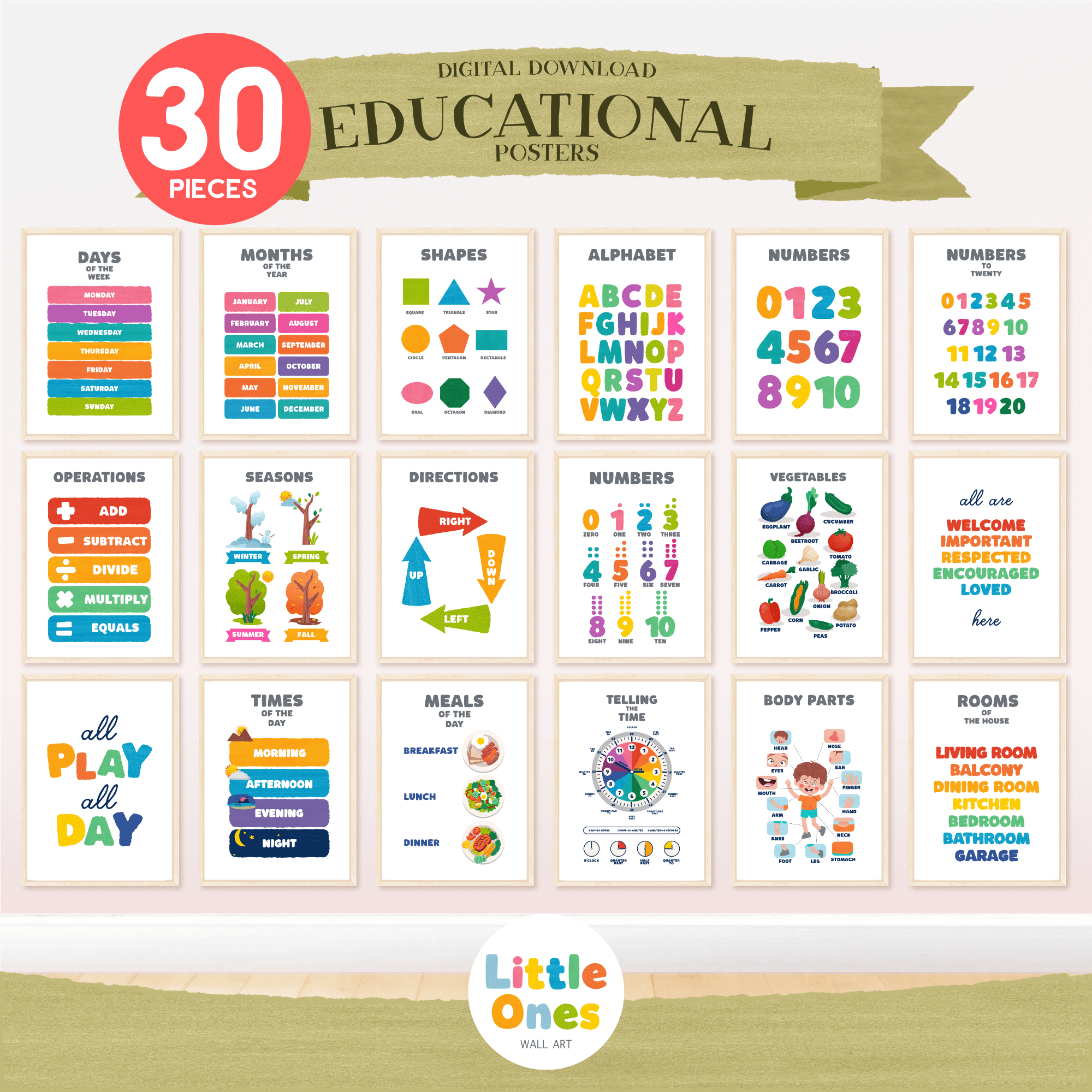 Set of 30 Educational Posters, Homeschool Prints, Montessori Classroom Decor, Kids room Decor, Toddler Playroom Decor, Learning Bundle, png