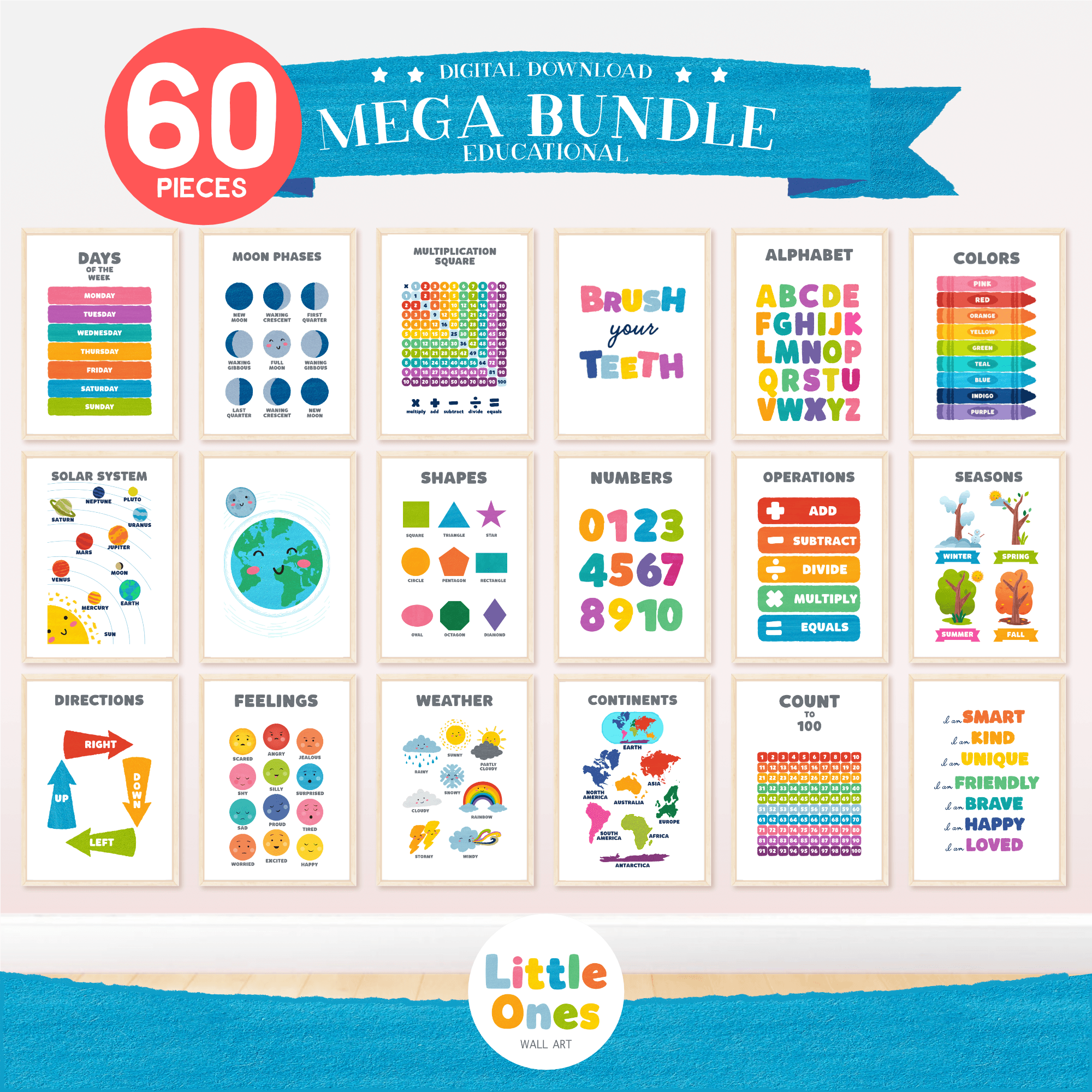 Set of 60 Educational Posters, Homeschool Prints, Montessori Classroom Decor, Kidsroom Decor,Toddler Playroom Decor,Digital Files, Learning Bundle, png